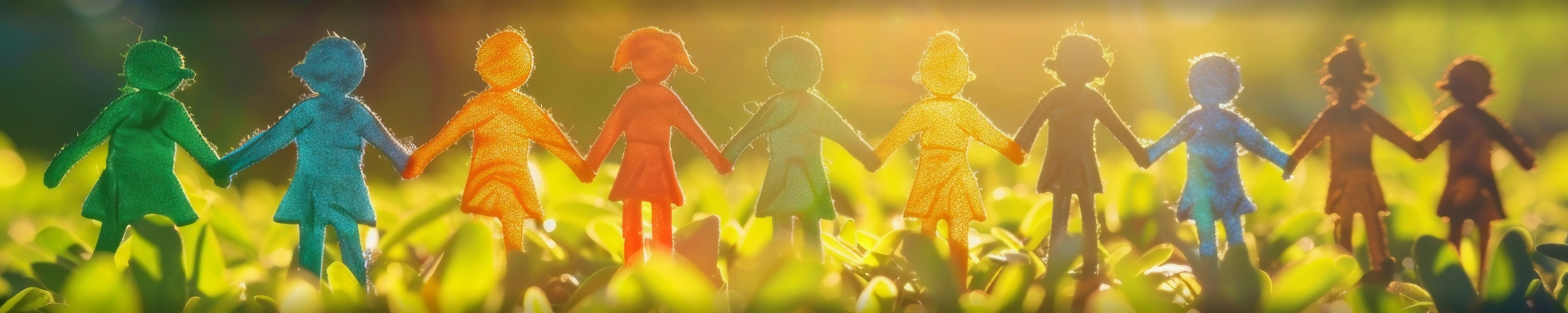 A row of colorful paper dolls, holding hands in the grass