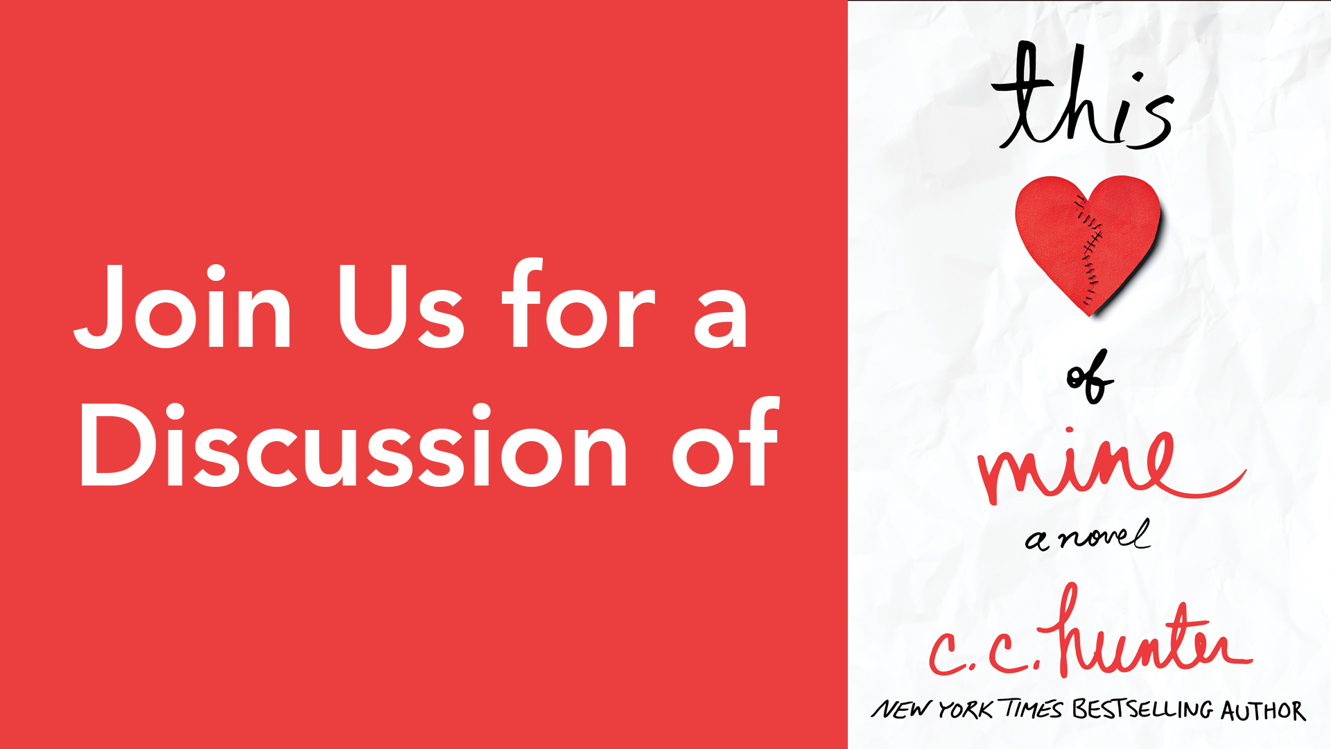 Social media scaled image of &quot;Join our discussion&quot; with a book cover image of This Heart of Mine